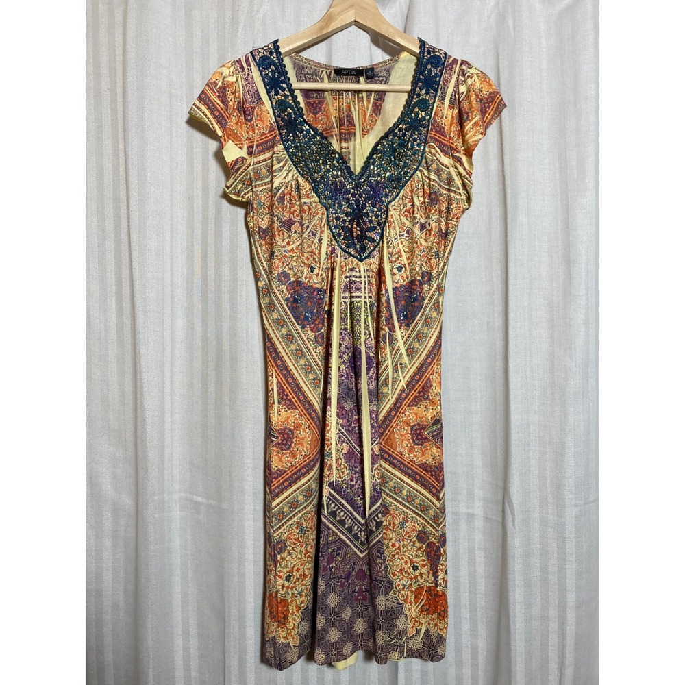 Boho Paisley V-Neck Embellished Lace Trim Cap Sleeve Dress XS Festival Vacation